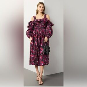 NWT Ulla Johnson $550 Red and Purple  midi with Bishop Sleeves Size 2